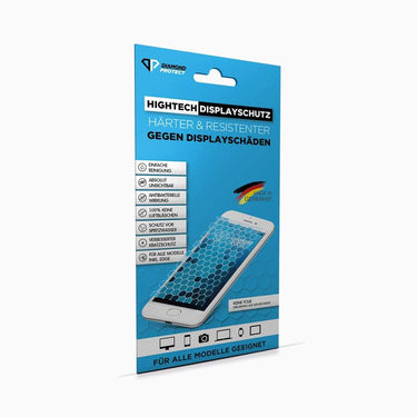 Blaue Verpackung mit Schrift Hightech Displayschutz und Abbildung eines Smartphones mit Wabenmuster